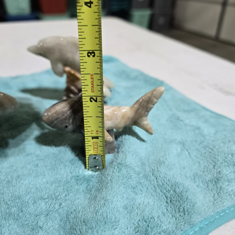 Grey and White Marble Carved Shark And Dolphins.